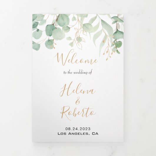 Klassisches Eukalyptus Gold Trifold Wedding Progra Dreifach Gefaltete Einladung (Cover)