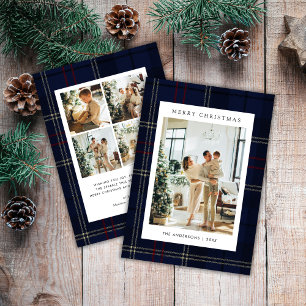 Klassisches Festliches Navy Karo 5 Foto Weihnachte Feiertagskarte