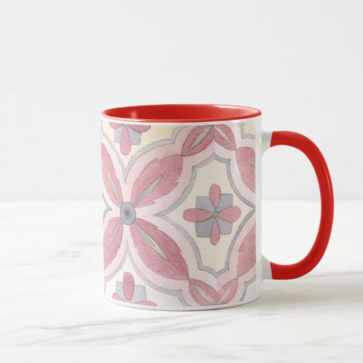 Klassisches Fliesenmuster Rot, Blau und Rosa Retro Tasse (Rechts)