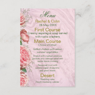 Klassisches Florales Rosé Grünzeug Hochzeitsmenü Begleitkarte