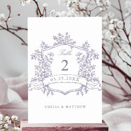 Klassisches florales Wappen Lavendel-Hochzeit Tischnummer