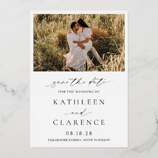 Klassisches Foto Elegante Hochzeit Save the Date Folieneinladung (Rückseite)