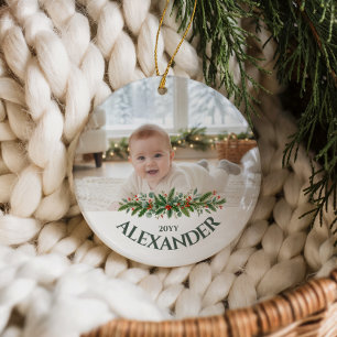 Klassisches Foto vom ersten Weihnachten des Babys Keramik Ornament