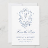 Klassisches französisches Blue Floral Wappen Hochz Save The Date (Vorderseite)
