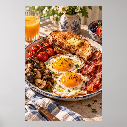 Klassisches Frühstück mit Spiegeleiern und Bacon Poster (Vorne)