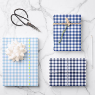 Klassisches Gingham 3 Blau Geschenkpapier Set