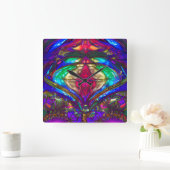 Klassisches Glasmuster in Blau, Grün, Rot Quadratische Wanduhr (Zuhause)