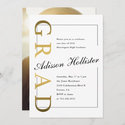 Klassisches Gold-ABSOLVENT Foto-Abschluss-Party Einladung (Vorne/Hinten)