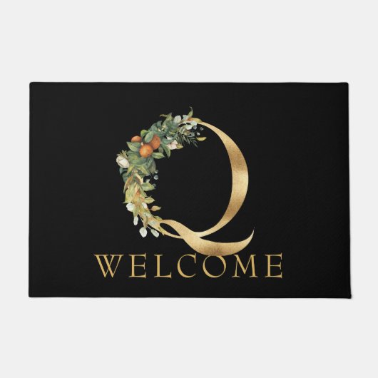 Klassisches Gold Monogram Q mit Obst und Blume Fußmatte (Vorderseite)