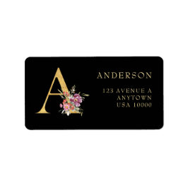 Klassisches Gold Monogramm A mit rosa Florals Adressaufkleber