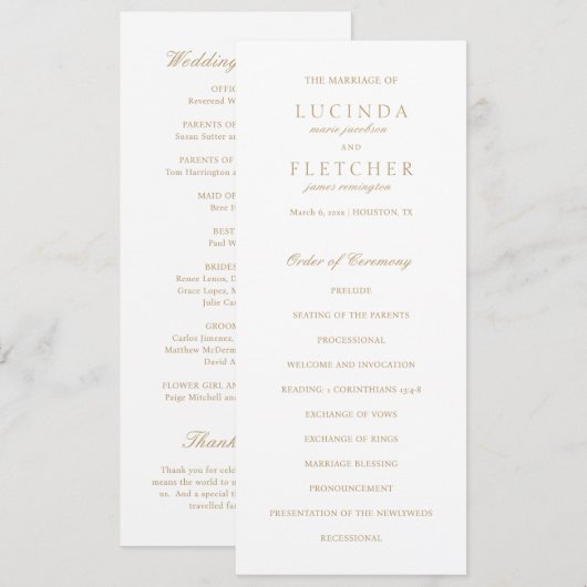 Klassisches Gold Traditionelle Hochzeit Programm (Vorne/Hinten)