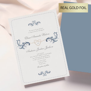 Klassisches Gold und Staubblau Hochzeit Folieneinladung