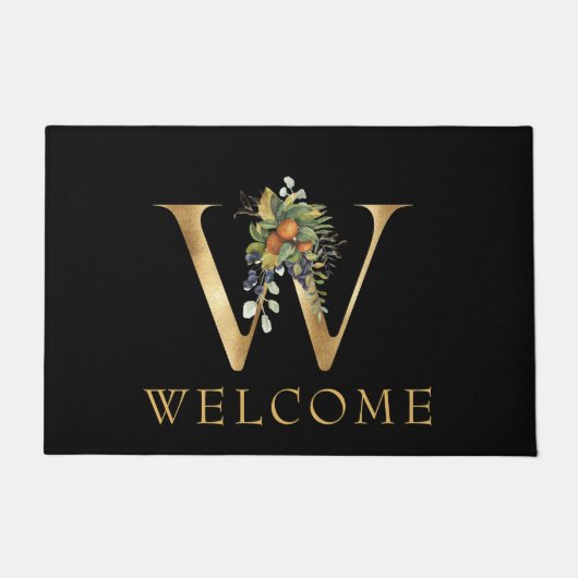 Klassisches Goldmonogramm W mit Obst und Blume Fußmatte (Vorderseite)