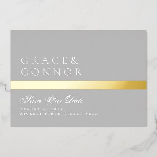 Klassisches Graues Golden Stripe Foto Save the Dat Folieneinladung (Vorderseite)