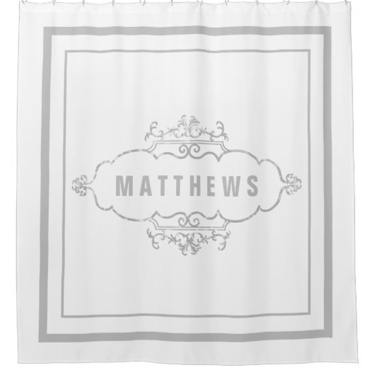 Klassisches graues Script Monogram Duschvorhang (Vorderseite)