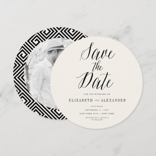 Klassisches griechisches Save the Date-Script-Foto Date (Vorne/Hinten)