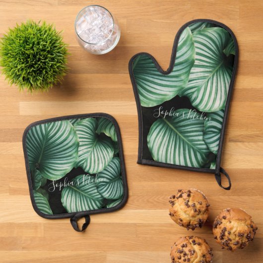 Klassisches, großes Leaf-Design, Ihr Name oder Tex Ofenhandschuh & Topflappen-Set (Oben Unten)