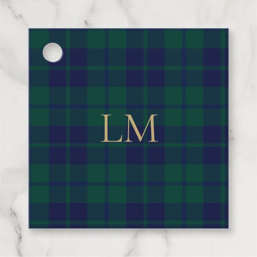 Klassisches Grün Navy Tartan Karo Gold Monogramm Geschenkanhänger (Vorderseite)