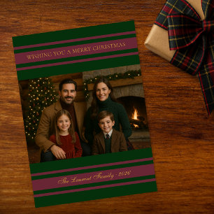 Klassisches grün-rotes Streifen-Weihnachtsfamilien Feiertagskarte