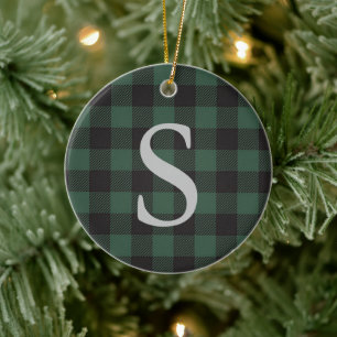 Klassisches Grün-Schwarzes Buffalo-Tartan-Karo-Mon Keramik Ornament
