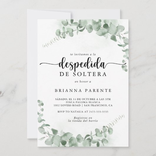 Klassisches grünes Eukalyptus-Spanisches Brautpart Einladung (Vorderseite)