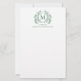 Klassisches grünes florales vintage Wappen-Monogra Briefpapier