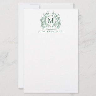 Klassisches grünes florales vintage Wappen-Monogra Briefpapier