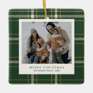 Klassisches grünes Karo-Familien-Weihnachtsfoto Keramikornament