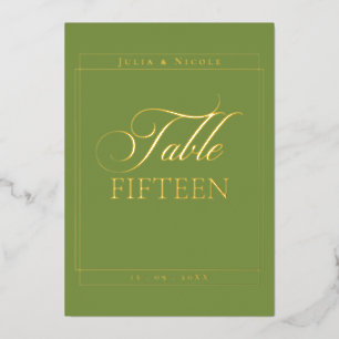 Klassisches grünes Rahmen-Hochzeitstisch-Nummernsc Folieneinladung