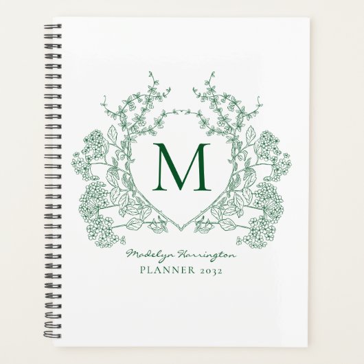 Klassisches grünes vintage-blumenwappen-Monogramm Planer (Vorderseite)