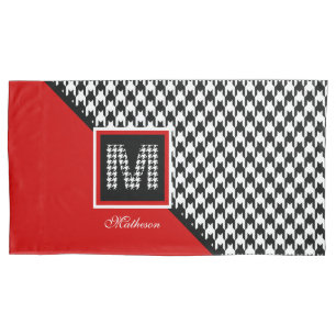 Klassisches Hahnentrittmuster und Monogramm Rot Kissenbezug