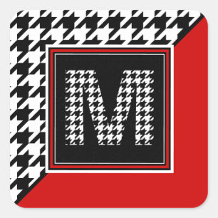 Klassisches Hahnentrittmuster und Monogramm Rot Quadratischer Aufkleber