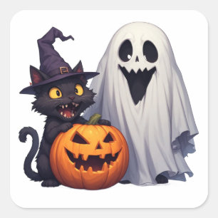 Klassisches Halloween-Geist-Katze-Kürbis-Trio 👻 Quadratischer Aufkleber