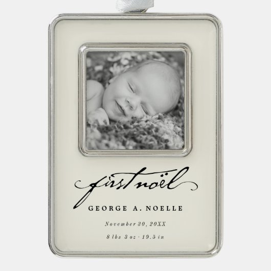 Klassisches Handwriting-Skript Baby's First Weihna Rahmen-Ornament Silber (Vorderseite)