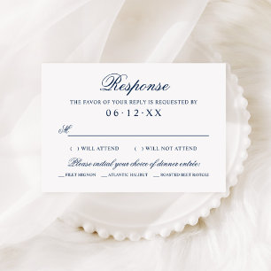 Klassisches Hochzeitsmenü-Wahl-Script in Navyblau RSVP Karte
