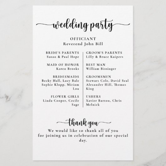 Klassisches Hochzeitsprogramm für Elegante Kalligr (Rückseite)