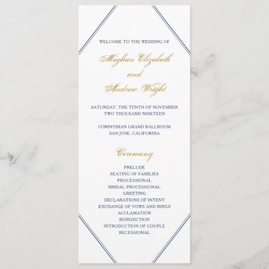 Klassisches Hochzeitsprogramm für Gold und Navy Programm (Vorderseite)