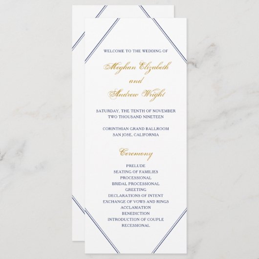Klassisches Hochzeitsprogramm für Gold und Navy Programm (Vorne/Hinten)