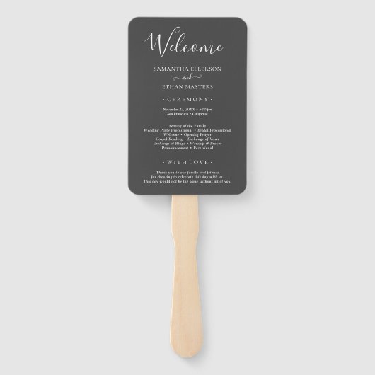 Klassisches Hochzeitsprogramm für Grau und Weiß Fo Fächer (Rückseite)