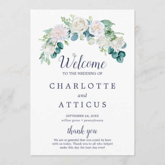 Klassisches Hochzeitsprogramm für weiße Blume Programm (Vorderseite)