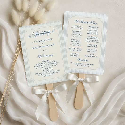 Klassisches Hochzeitsprogramm mit hellblauen Strei Fächer