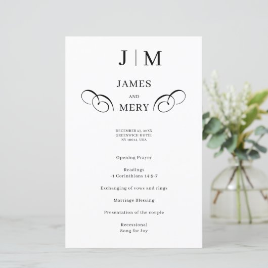 Klassisches Hochzeitsprogramm mit Monogramm-Kallig (Stehend Vorderseite)