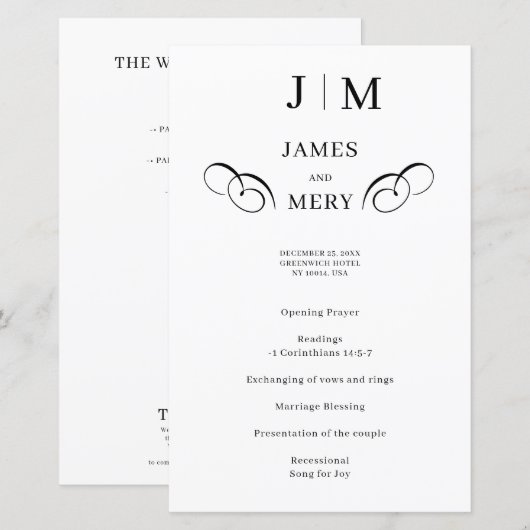 Klassisches Hochzeitsprogramm mit Monogramm-Kallig (Vorne/Hinten)