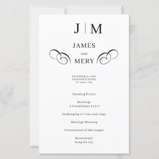 Klassisches Hochzeitsprogramm mit Monogramm-Kallig (Vorderseite)