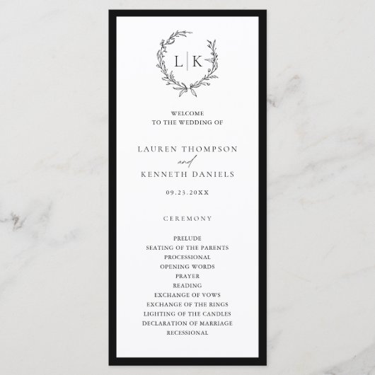 Klassisches Hochzeitsprogramm mit Monogramm-Kranz Programm (Vorderseite)