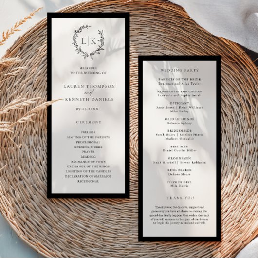 Klassisches Hochzeitsprogramm mit Monogramm-Kranz Programm