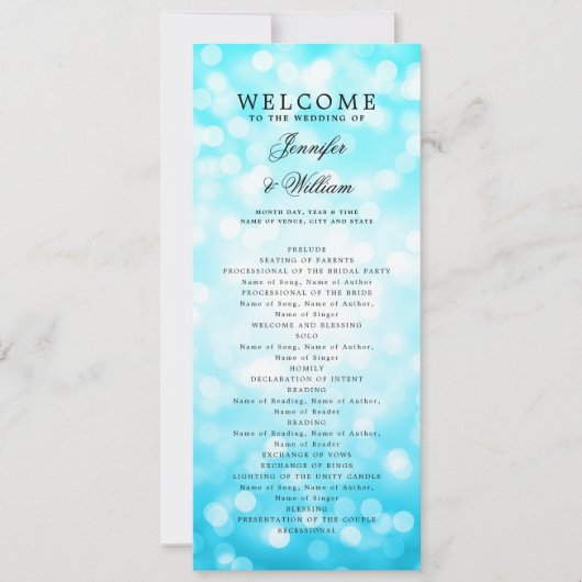 Klassisches Hochzeitsprogramm Türkis Bokeh Lights Einladung (Vorderseite)