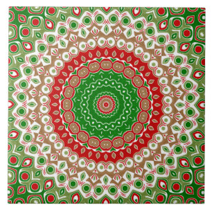 Klassisches Holiday-Mandala in Rot, Grün und Gold Fliese