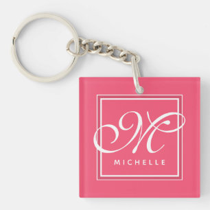Klassisches Hot Pink und White Script Monogram Schlüsselanhänger