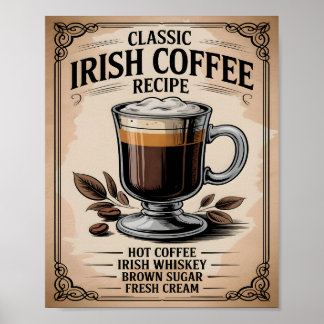 Klassisches Irisches Kaffee-Rezept Vintage Rustika Poster